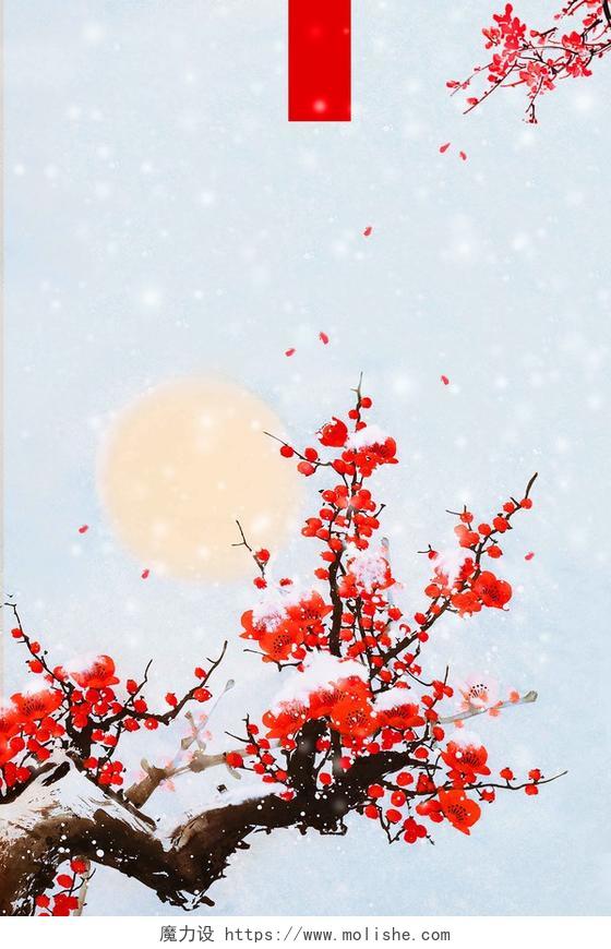 手绘中国风梅花月亮下雪冬天大雪小雪背景素材